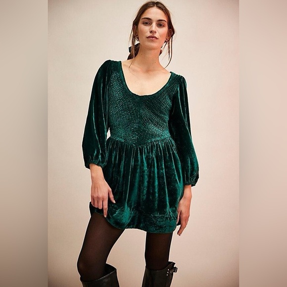 Free People Farrier Velvet Mini Dress Green size S long sleeve - Picture 1 of 14